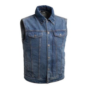 Men’s Blue Denim Biker Vest – Lightweight Sleeveless Jacket – Snap Button Closure – Classic Collar – Motorcycle Club Style Vest