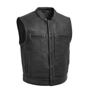 Men’s Black Perforated Leather Motorcycle Vest – Summer Biker Club Style Vest | Sleeveless Cowhide by First MFG Co