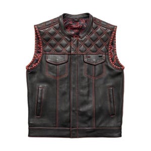 Men’s Black Leather Biker Vest – Red Stitching Club Style with Quilted Shoulders & Red Paisley Liner