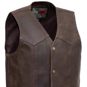 Texan Brown Men&#39;s Leather Motorcycle Vest – Western Style Snap Front Biker Vest – Genuine Cowhide Classic Riding Vest