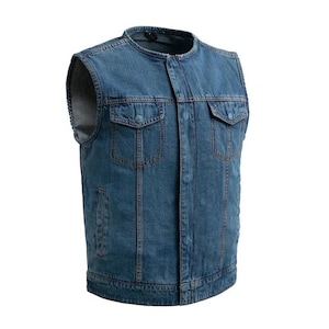 Men’s Blue Denim Motorcycle Vest – Sleeveless Biker Riding Vest with Concealed Carry Pockets – Club Style Cutoff Jacket