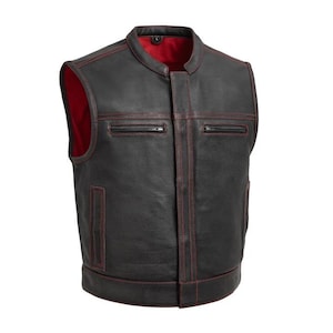 Men&#39;s Black Leather Biker Vest with Red Stitching & Lining – Club Style Motorcycle Riding Vest | Breathable Perforated Leather | Sleeveless