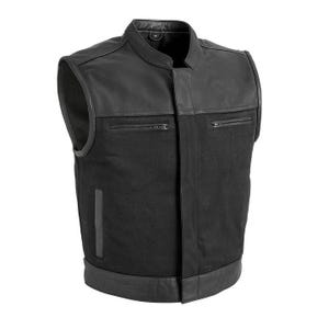 Men’s Black Leather & Twill Biker Vest – Concealed Carry Club Style – No Collar – Zipper Pockets – Sleeveless Motorcycle Riding Vest