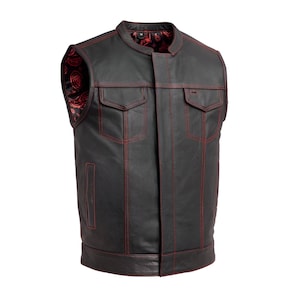 Men’s Black Leather Biker Vest with Red Stitching – Club Style Motorcycle Vest with Red Paisley Lining & Concealed Carry Pockets