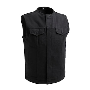 Men’s Black Twill Motorcycle Vest – Concealed Carry Biker Vest – Club Style No Collar – Hidden Zipper – Sleeveless Riding Jacket