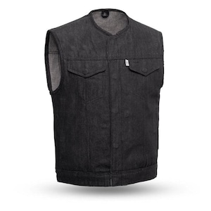 Men&#39;s Black Denim Motorcycle Vest – Sleeveless Club Style Biker Vest with Concealed Carry Pockets – Heavyweight Jean Material