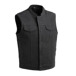 Men’s Black Twill Biker Vest – Club Style Sleeveless Jacket – Concealed Carry Pockets – Hidden Zipper – No Collar Motorcycle Vest