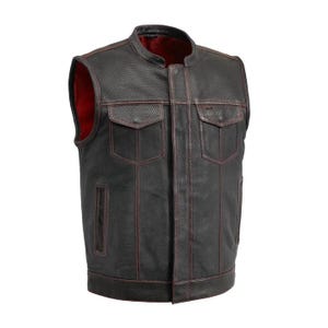 Men&#39;s Perforated Leather Motorcycle Vest – Sleeveless Biker Club Style with Red Stitching | Premium Cowhide by First MFG Co