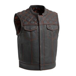 Men’s Black Leather Biker Vest with Red Stitching – Diamond Quilted Shoulder Design – Handmade Cowhide Club Style Vest with Concealed Carry