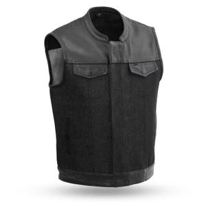 Men&#39;s Black Leather Motorcycle Club Vest – Sleeveless Biker Cut with Concealed Carry Pockets – Rugged Cowhide & Canvas Blend