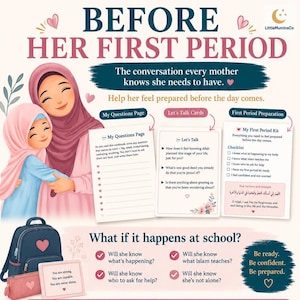 Puede incluir: Una infografía educativa titulada BEFORE HER FIRST PERIOD con una ilustración de una madre y su hija, una página de preguntas, tarjetas de conversación y una lista de preparación. Incluye una mochila y un estuche.