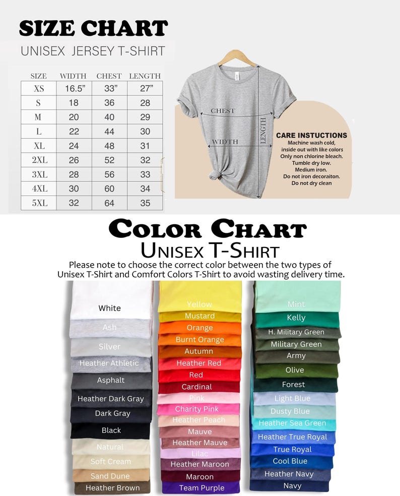 K&ouml;nnte beinhalten: Eine Gr&ouml;&szlig;en- und Farbtabelle f&uuml;r ein Unisex-Jersey-T-Shirt. Die Gr&ouml;&szlig;entabelle listet die Ma&szlig;e in Zoll f&uuml;r die Gr&ouml;&szlig;en XS bis 5XL auf. Die Farbtabelle zeigt eine Vielzahl von Farben, darunter Wei&szlig;, Schwarz, Rot und Marine. Pflegehinweise sind ebenfalls enthalten.
