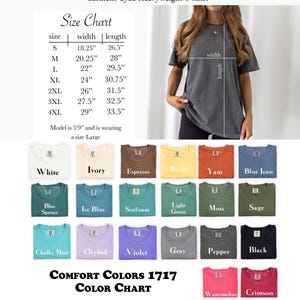 K&ouml;nnte beinhalten: Eine Farbkarte f&uuml;r Comfort Colors 1717, ein schweres, st&uuml;ckgef&auml;rbtes T-Shirt. Die Karte zeigt verschiedene Hemdfarben, darunter Wei&szlig;, Elfenbein, Espresso und Schwarz. Eine Gr&ouml;&szlig;entabelle zeigt die Hemdma&szlig;e in cm. Der Text "COMFORT COLORS 1717" steht oben.