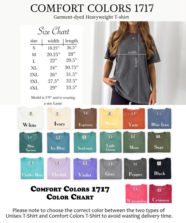 K&ouml;nnte beinhalten: Eine Farbkarte f&uuml;r Comfort Colors 1717, ein schweres, st&uuml;ckgef&auml;rbtes T-Shirt. Die Karte zeigt verschiedene Hemdfarben, darunter Wei&szlig;, Elfenbein, Espresso und Schwarz. Eine Gr&ouml;&szlig;entabelle zeigt die Hemdma&szlig;e in cm. Der Text "COMFORT COLORS 1717" steht oben.