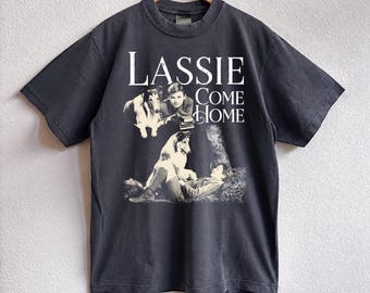 Camiseta retrô do filme Lassie Come Home, camiseta com estampa de Rough Collie, roupa vintage de filme com cachorro, camiseta clássica para fãs de cinema dos anos 40.