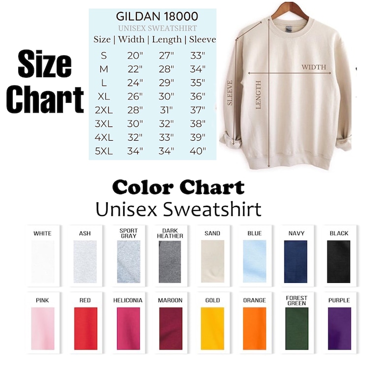 K&ouml;nnte beinhalten: Beiges Gildan 18000 Unisex-Sweatshirt auf einem Kleiderb&uuml;gel, mit Gr&ouml;&szlig;entabelle und Farboptionen. Die Gr&ouml;&szlig;entabelle zeigt Ma&szlig;e in cm. Farboptionen sind Wei&szlig;, Grau und Schwarz.