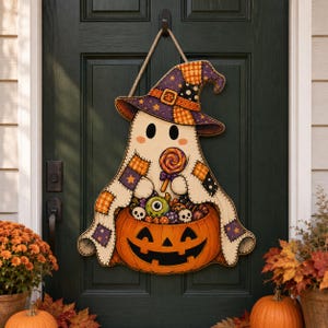 Patchwork Ghost Witch Hat Door Hanger, Halloween Pumpkin Candy Sign, Spooky Fall Decor
