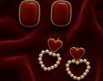 Red Enamel Stud or Pearl Heart Dangle Earrings: Romantic Vintage Style