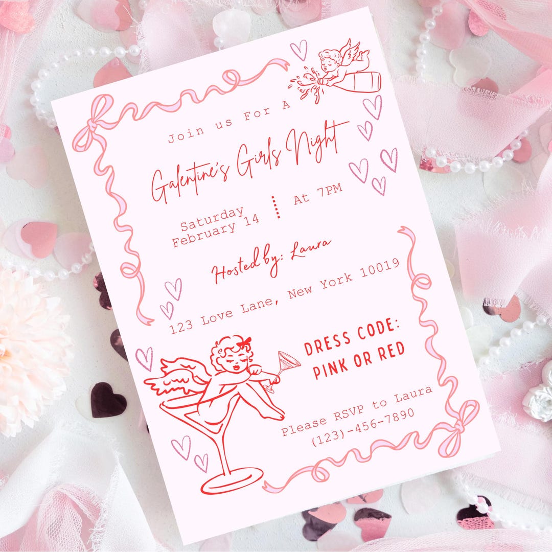 Galentine’s Girls Night Invitation | Editable Canva Template | Pink ...