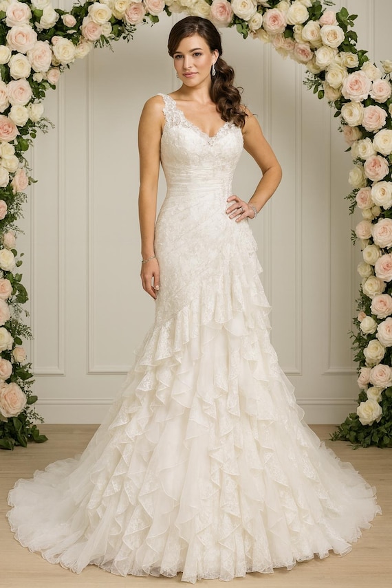 A-Line Layered Soft Lace Spanish Senorita Bridal Gown, Ivory