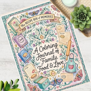 May include: A colouring journal titled The Recipe Box of Memories: A Colouring Journal of Family, Food & Love. The cover features illustrations of recipe books, a rolling pin, an apron, butterflies, and flowers in pastel colours.