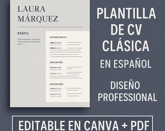 Plantilla de Currículum Clásico en Español - Diseño Professional (Canva + PDF)
