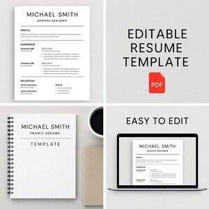 May include: A collection of resume templates in a minimalist design. The templates include a printed resume, a spiral-bound notebook, and a laptop screen displaying a resume. The text "MICHAEL SMITH" and "GRAPHIC DESIGNER" are visible. The phrase "EDITABLE RESUME TEMPLATE" is also displayed.