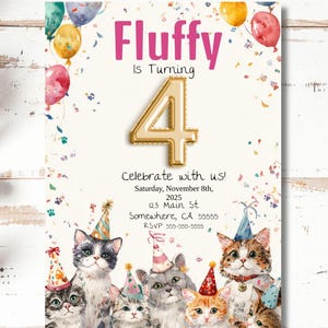 Cat Birthday Invitation Template, Editable Kitty Party Invite, Cat Lovers Birthday, Digital Download, Cat&#39;s Birthday Party Invite