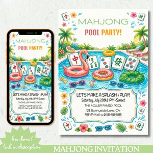 Mahjong Pool Party Invitation, Tropical Summer Fun, Kids Editable Invite (Digital Download)