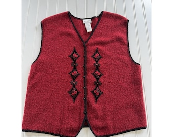 Vintage Koret Petites Sweater Vest L Red Floral Velvet Rose Cottagecore 90s