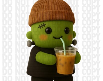 Cute Frankenstein Halloween PNG | Kawaii Frankenstein with Beanie and Iced Coffee | Fall Halloween Digital Download | Transparent Background