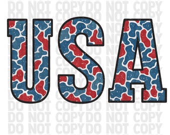 USA Camo Distressed PNG | Patriotic Red White Blue Lettering Clipart | 4th of July Sublimation Design | Transparent Background USA Print |