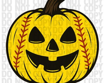 Calabaza de sóftbol de Halloween PNG / Imágenes prediseñadas de puntadas de sóftbol de Jack O'Lantern / Diseño de sublimación de camiseta espeluznante de deportes de otoño / Sóftbol PNG / PNG