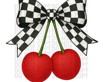 Shimmer Cherry Bow PNG | Retro Glitter Cherries with Checkered Bow | Cute Aesthetic Digital Download for Apparel | Cherries PNG | Checkered