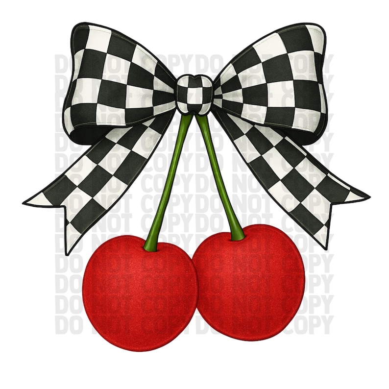 May include: A digital illustration of two red cherries with green stems, topped with a black and white checkered bow. The bow is large and detailed, with a classic checkered pattern. The cherries are round and vibrant.