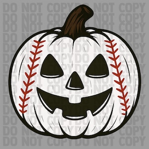 Puede incluir: Una calabaza blanca con una cara de Jack-o'-lantern tallada, con costuras de béisbol rojas. El tallo es marrón. El diseño combina los temas de Halloween y béisbol.