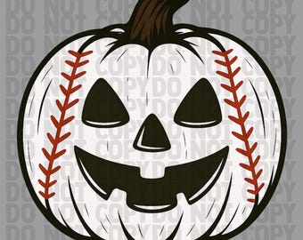 May include: A white pumpkin with a carved jack-o'-lantern face, featuring baseball stitching in red. The stem is brown. The design combines Halloween and baseball themes.