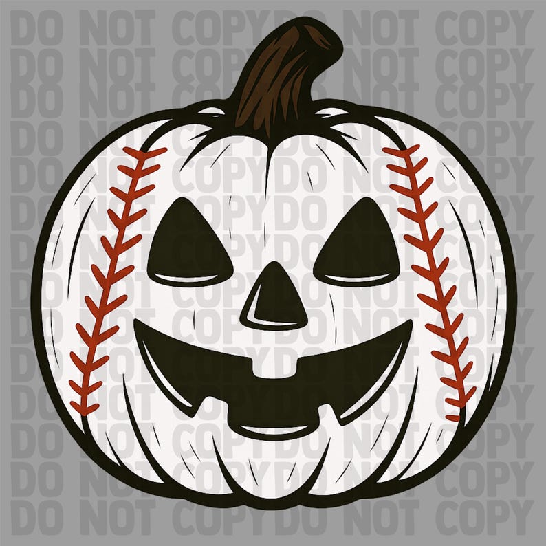 May include: A white pumpkin with a carved jack-o'-lantern face, featuring baseball stitching in red. The stem is brown. The design combines Halloween and baseball themes.