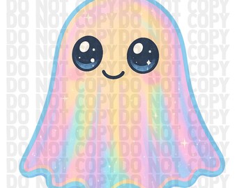 Fantasma em tons pastel arco-íris PNG | Download digital fofo de Halloween kawaii | Clipart de fantasma brilhante para camisetas e adesivos | PNG iridescente | Halloween