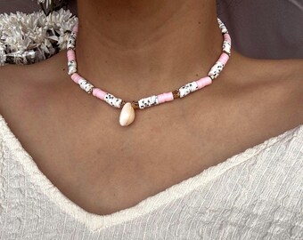 Beachy Boho  Choker  Pink& Zebra printed Heishi Beaded  with Gold accents and Shell Charm, Summer Jewelry