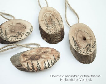 Forest Wood Ornament Gift Set   Tree Branch Slice   Wooden Gift for her   Holiday Christmas Tree Decor   Rustic Trees   Mountain Ink Drawing