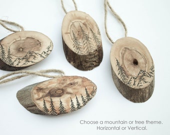 Ensemble-cadeau d'ornement en bois de forêt, tranche de branche d'arbre, cadeau en bois pour ses vacances, décoration de sapin de Noël, arbres rustiques, montagne, dessin à l'encre