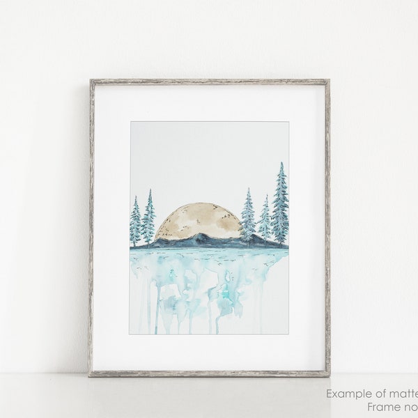 11x14 Matted Print - Mountain Art Print - Blue Watercolor Art - Tree Wall Art - Forest Art Print - West Coast Painting - BC - Moon Artwork