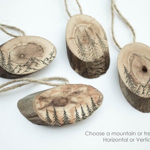 Mountain Ornament Gift Set Reclaimed Wood Slice Wood Gift Tags Wood Christmas Ornament Holiday Decor Woodland Trees Gift For Her image 4