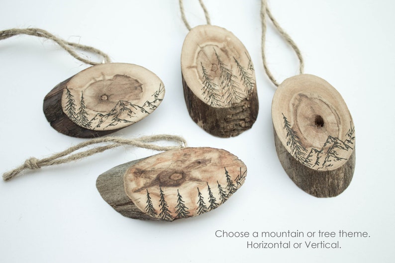Mountain Ornament Gift Set Reclaimed Wood Slice Wood Gift Tags Wood Christmas Ornament Holiday Decor Woodland Trees Gift For Her image 4