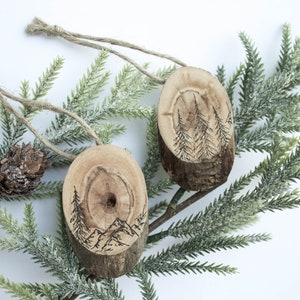 Mountain Ornament Gift Set   Reclaimed Wood Slice   Wood Gift Tags   Wood Christmas Ornament   Holiday Decor   Woodland Trees - Gift For Her