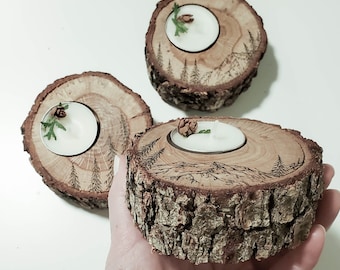 Rustic Tree Stump Candle Holder Set   Tealight Nature Candles   Farmhouse   Mountain Forest Sketch Drawing   Wood Grain Nature Natural Boho