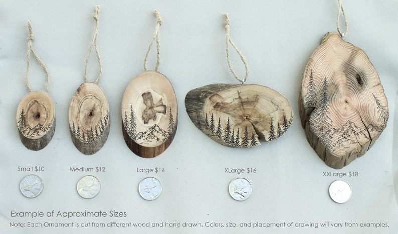 Mountain Ornament Gift Set Reclaimed Wood Slice Wood Gift Tags Wood Christmas Ornament Holiday Decor Woodland Trees Gift For Her image 7