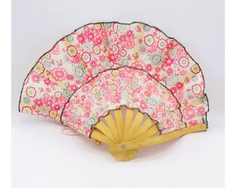 Floral Folding Hand Fan /Hat Bamboo Frame & Pink Patterned Fabric   88