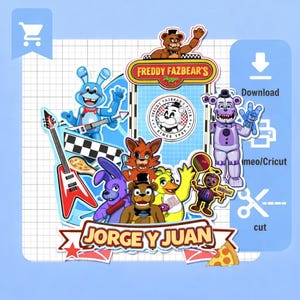 Puede incluir: Un gráfico colorido con personajes de Freddy Fazbear's Pizza, incluyendo un oso, un conejo, un zorro y otros. El diseño incluye el logo del restaurante, una guitarra y el texto "Jorge y Juan".